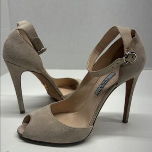 Prada Heels Suede Ankle Adjustable Strap Peep Toe High Heel Shoes Tan Cream 37.5